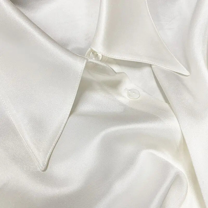 Turn-down Collar Solid Blouses Women Full Sleeve Loose Single-breasted Satin Shirts nowadaysfashion