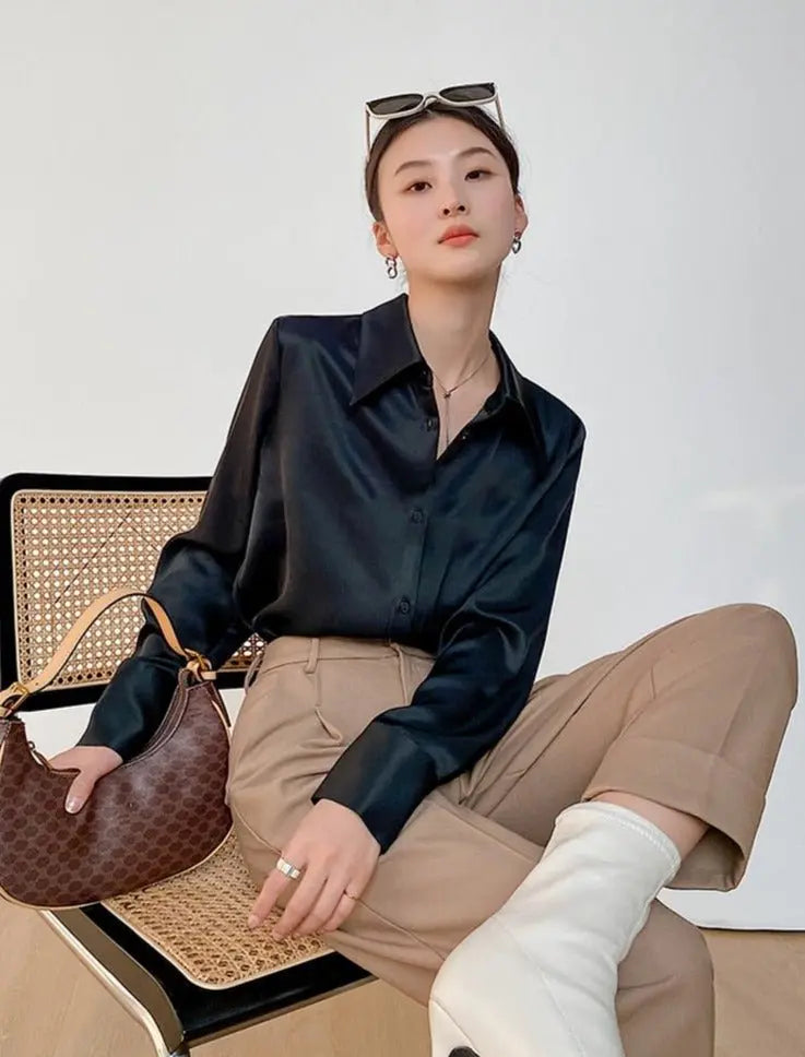 Turn-down Collar Solid Blouses Women Full Sleeve Loose Single-breasted Satin Shirts - Blade & Thread