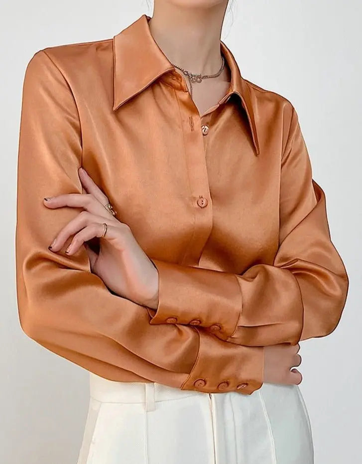 Turn-down Collar Solid Blouses Women Full Sleeve Loose Single-breasted Satin Shirts - Blade & Thread