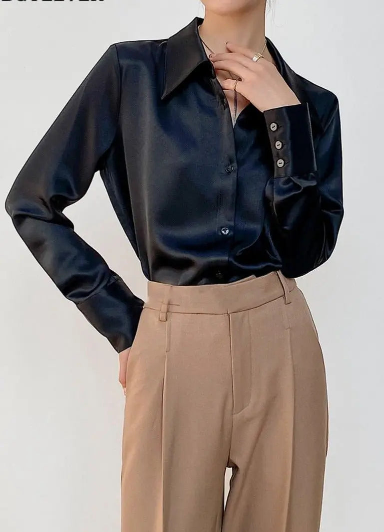 Turn-down Collar Solid Blouses Women Full Sleeve Loose Single-breasted Satin Shirts - Blade & Thread