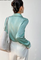 Turn-down Collar Solid Blouses Women Full Sleeve Loose Single-breasted Satin Shirts nowadaysfashion