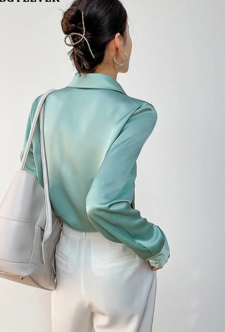 Turn-down Collar Solid Blouses Women Full Sleeve Loose Single-breasted Satin Shirts nowadaysfashion