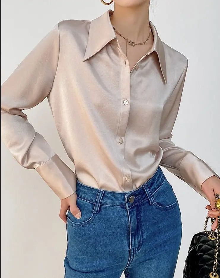 Turn-down Collar Solid Blouses Women Full Sleeve Loose Single-breasted Satin Shirts - Blade & Thread