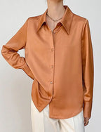 Turn-down Collar Solid Blouses Women Full Sleeve Loose Single-breasted Satin Shirts nowadaysfashion