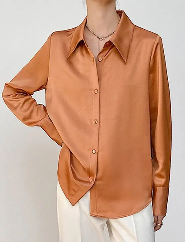 Turn-down Collar Solid Blouses Women Full Sleeve Loose Single-breasted Satin Shirts nowadaysfashion