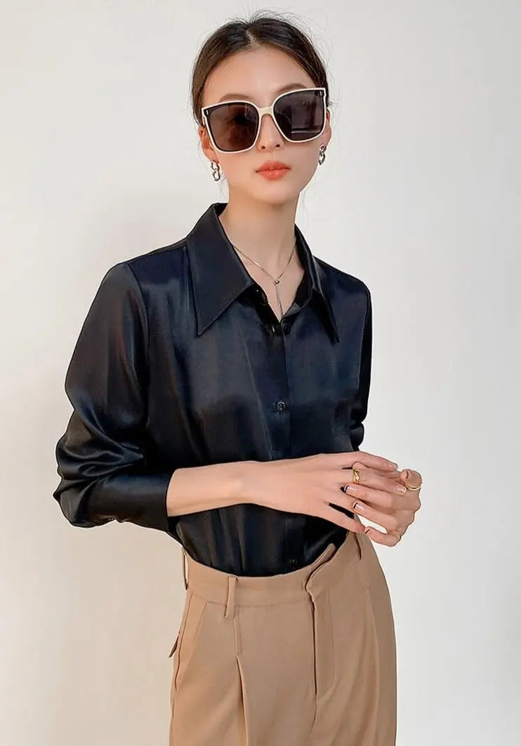 Turn-down Collar Solid Blouses Women Full Sleeve Loose Single-breasted Satin Shirts - Blade & Thread