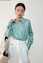 Turn-down Collar Solid Blouses Women Full Sleeve Loose Single-breasted Satin Shirts nowadaysfashion