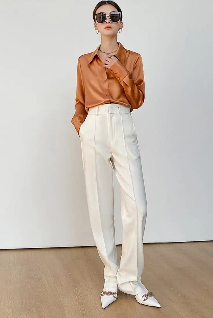 Turn-down Collar Solid Blouses Women Full Sleeve Loose Single-breasted Satin Shirts nowadaysfashion