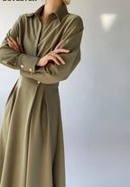Turn-down Collar Women A-line Dress Long Sleeve Slim Waist Vestidos nowadaysfashion