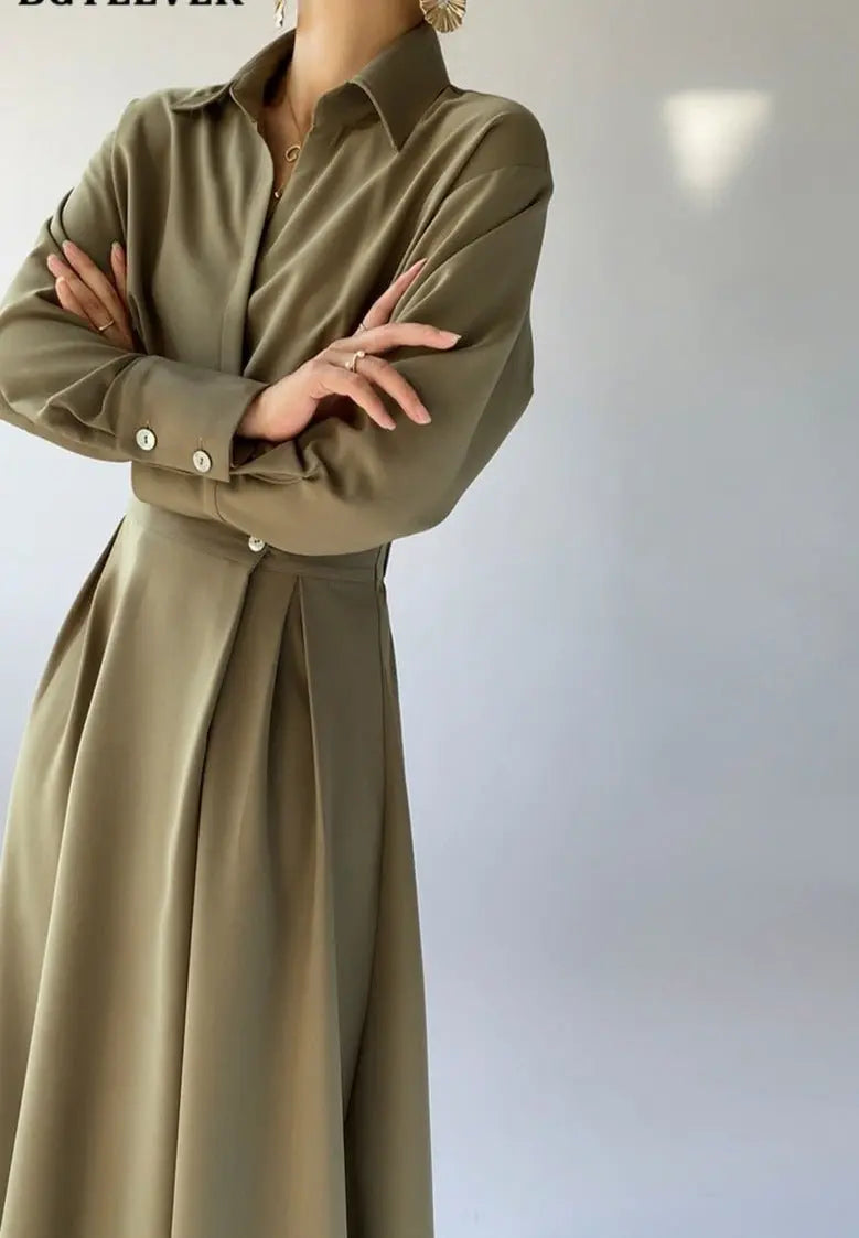 Turn-down Collar Women A-line Dress Long Sleeve Slim Waist Vestidos nowadaysfashion
