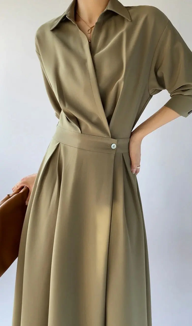 Turn-down Collar Women A-line Dress Long Sleeve Slim Waist Vestidos nowadaysfashion