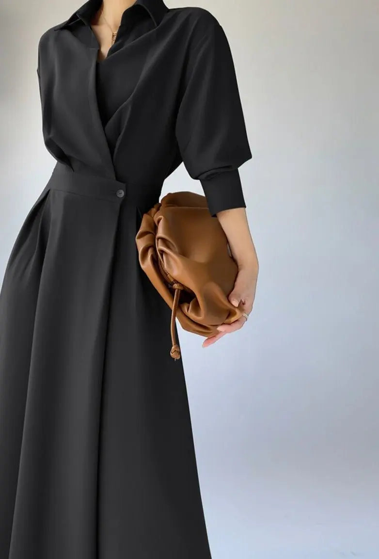 Turn-down Collar Women A-line Dress Long Sleeve Slim Waist Vestidos nowadaysfashion