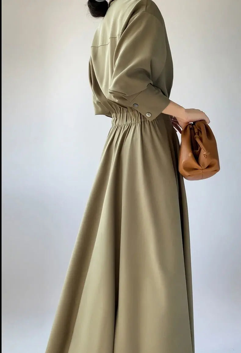 Turn-down Collar Women A-line Dress Long Sleeve Slim Waist Vestidos - Blade & Thread