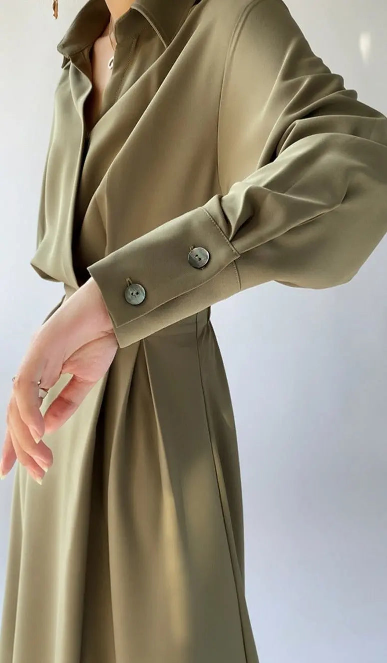 Turn-down Collar Women A-line Dress Long Sleeve Slim Waist Vestidos - Blade & Thread