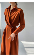 Turn-down Collar Women A-line Dress Long Sleeve Slim Waist Vestidos nowadaysfashion