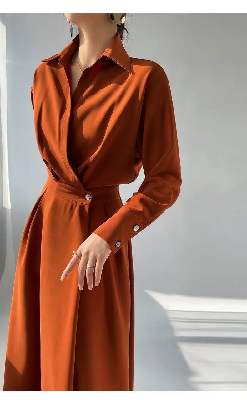 Turn-down Collar Women A-line Dress Long Sleeve Slim Waist Vestidos nowadaysfashion