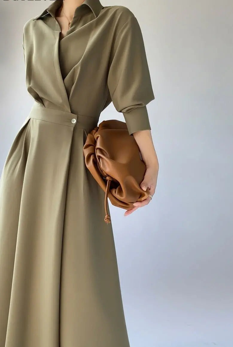 Turn-down Collar Women A-line Dress Long Sleeve Slim Waist Vestidos - Blade & Thread