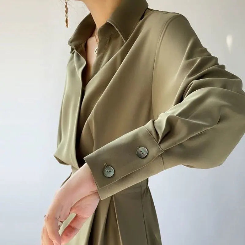 Turn-down Collar Women A-line Dress Long Sleeve Slim Waist Vestidos nowadaysfashion