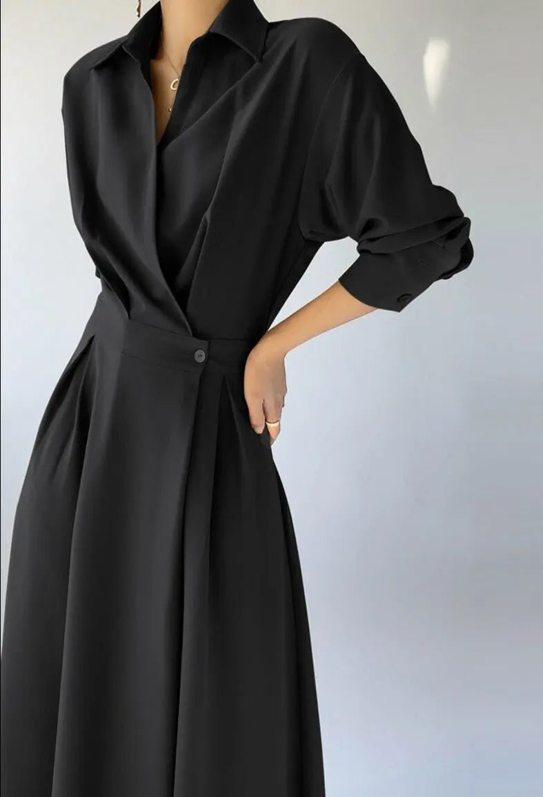 Turn-down Collar Women A-line Dress Long Sleeve Slim Waist Vestidos - Blade & Thread