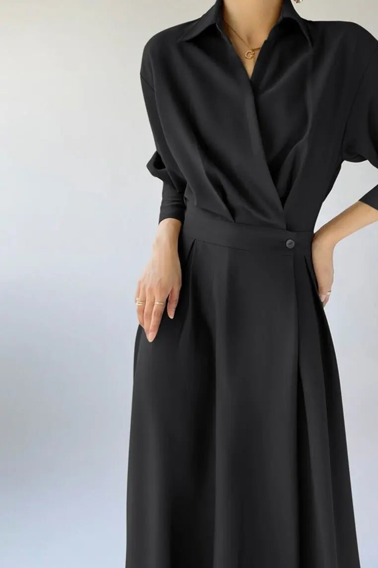 Turn-down Collar Women A-line Dress Long Sleeve Slim Waist Vestidos - Blade & Thread