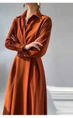 Turn-down Collar Women A-line Dress Long Sleeve Slim Waist Vestidos nowadaysfashion