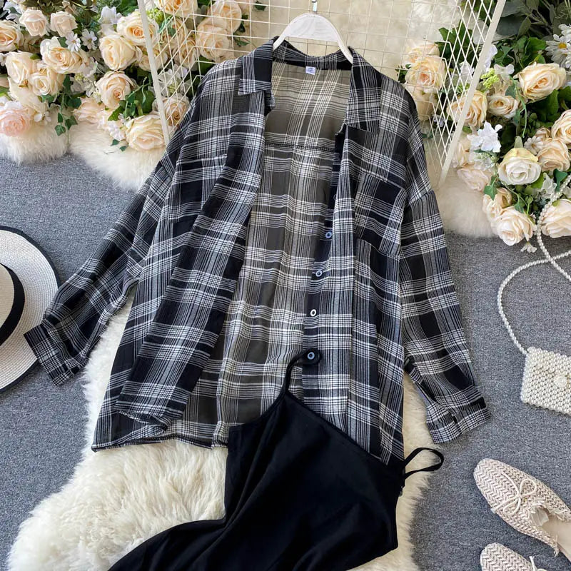 Two Piece Set Long Sleeve Plaid Grey Overcoats Spaghetti Strap Slim Dress - Blade & Thread