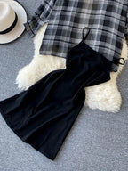 Two Piece Set Long Sleeve Plaid Grey Overcoats Spaghetti Strap Slim Dress nowadaysfashion