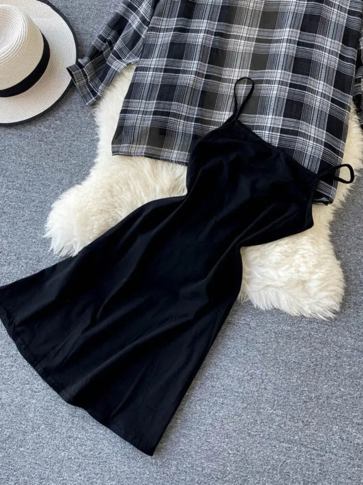 Two Piece Set Long Sleeve Plaid Grey Overcoats Spaghetti Strap Slim Dress nowadaysfashion