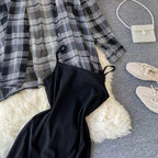 Two Piece Set Long Sleeve Plaid Grey Overcoats Spaghetti Strap Slim Dress nowadaysfashion