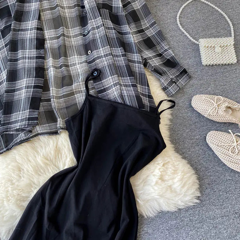 Two Piece Set Long Sleeve Plaid Grey Overcoats Spaghetti Strap Slim Dress - Blade & Thread