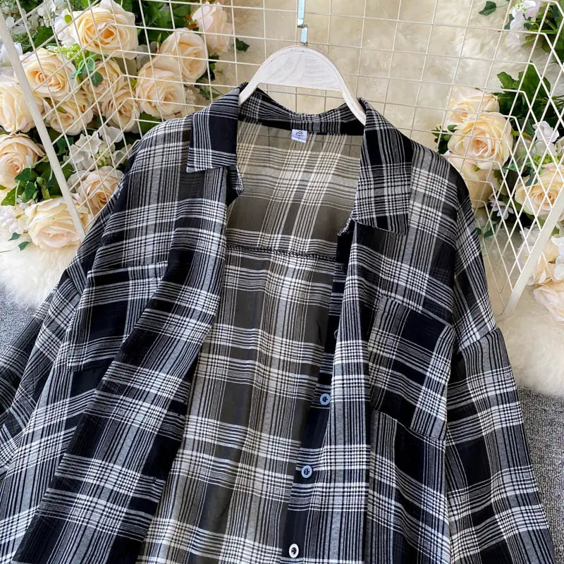 Two Piece Set Long Sleeve Plaid Grey Overcoats Spaghetti Strap Slim Dress - Blade & Thread