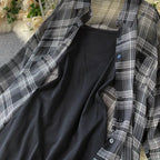 Two Piece Set Long Sleeve Plaid Grey Overcoats Spaghetti Strap Slim Dress nowadaysfashion
