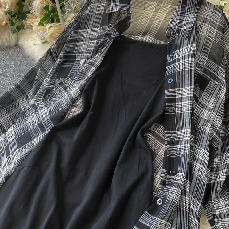 Two Piece Set Long Sleeve Plaid Grey Overcoats Spaghetti Strap Slim Dress - Blade & Thread