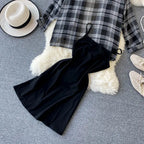 Two Piece Set Long Sleeve Plaid Grey Overcoats Spaghetti Strap Slim Dress nowadaysfashion