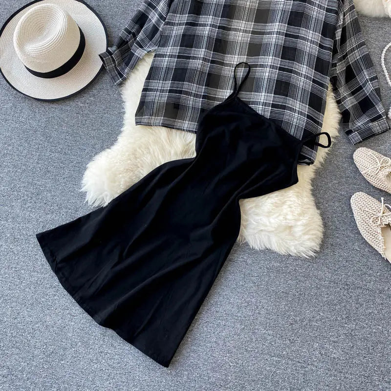 Two Piece Set Long Sleeve Plaid Grey Overcoats Spaghetti Strap Slim Dress - Blade & Thread