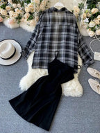 Two Piece Set Long Sleeve Plaid Grey Overcoats Spaghetti Strap Slim Dress nowadaysfashion