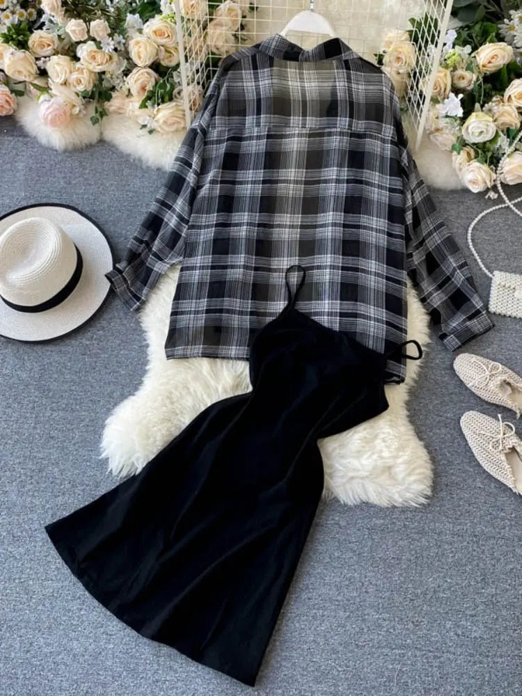 Two Piece Set Long Sleeve Plaid Grey Overcoats Spaghetti Strap Slim Dress - Blade & Thread