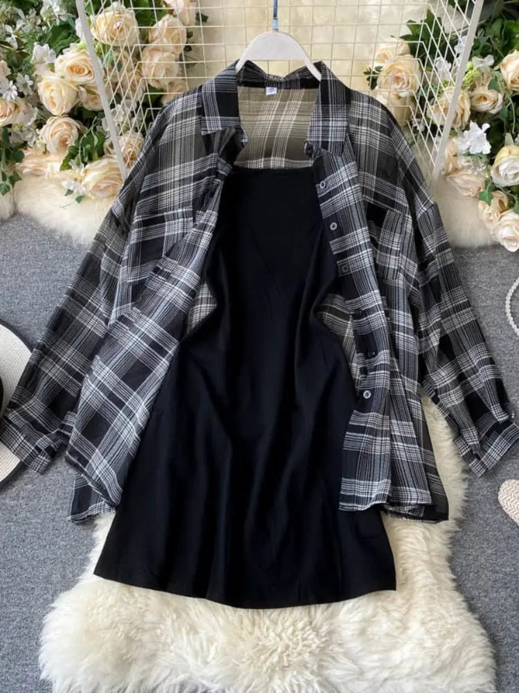 Two Piece Set Long Sleeve Plaid Grey Overcoats Spaghetti Strap Slim Dress - Blade & Thread