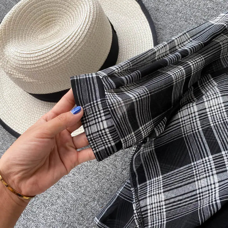 Two Piece Set Long Sleeve Plaid Grey Overcoats Spaghetti Strap Slim Dress - Blade & Thread