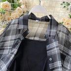 Two Piece Set Long Sleeve Plaid Grey Overcoats Spaghetti Strap Slim Dress nowadaysfashion