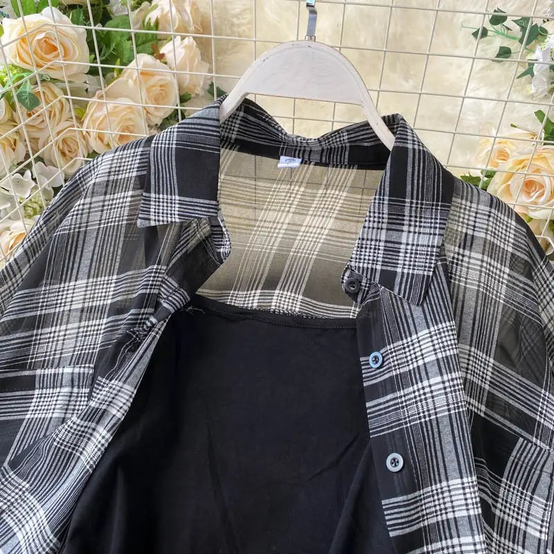 Two Piece Set Long Sleeve Plaid Grey Overcoats Spaghetti Strap Slim Dress - Blade & Thread