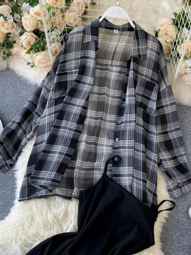 Two Piece Set Long Sleeve Plaid Grey Overcoats Spaghetti Strap Slim Dress - Blade & Thread