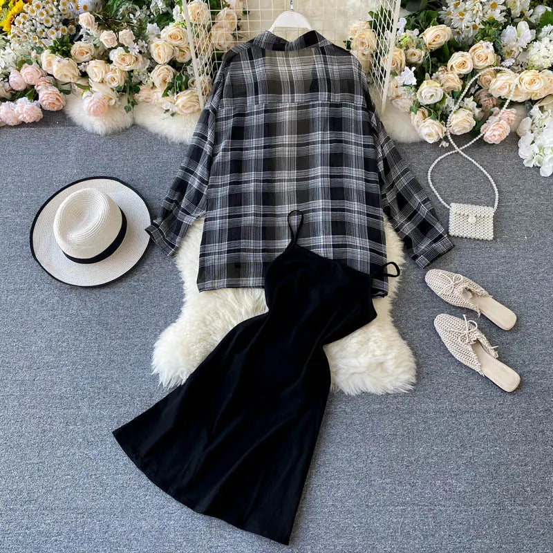 Two Piece Set Long Sleeve Plaid Grey Overcoats Spaghetti Strap Slim Dress - Blade & Thread