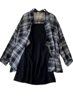 Two Piece Set Long Sleeve Plaid Grey Overcoats Spaghetti Strap Slim Dress nowadaysfashion