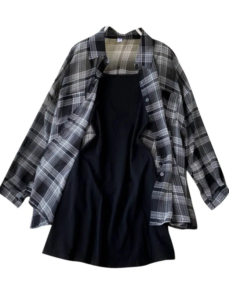 Two Piece Set Long Sleeve Plaid Grey Overcoats Spaghetti Strap Slim Dress - Blade & Thread
