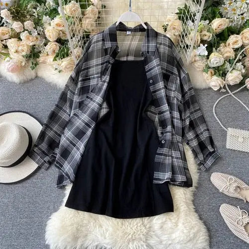 Two Piece Set Long Sleeve Plaid Grey Overcoats Spaghetti Strap Slim Dress - Blade & Thread