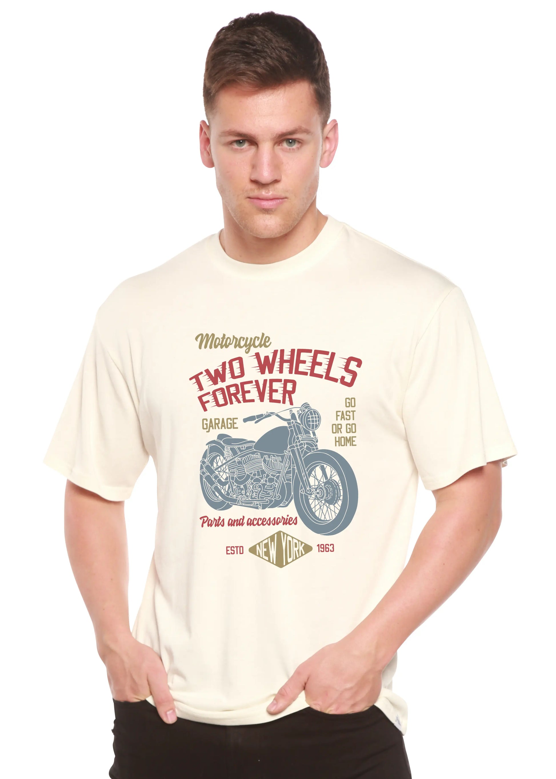 Two Wheels Forever Men's Bamboo Viscose/Organic Cotton Short Sleeve Graphic T-Shirt Spun Bamboo