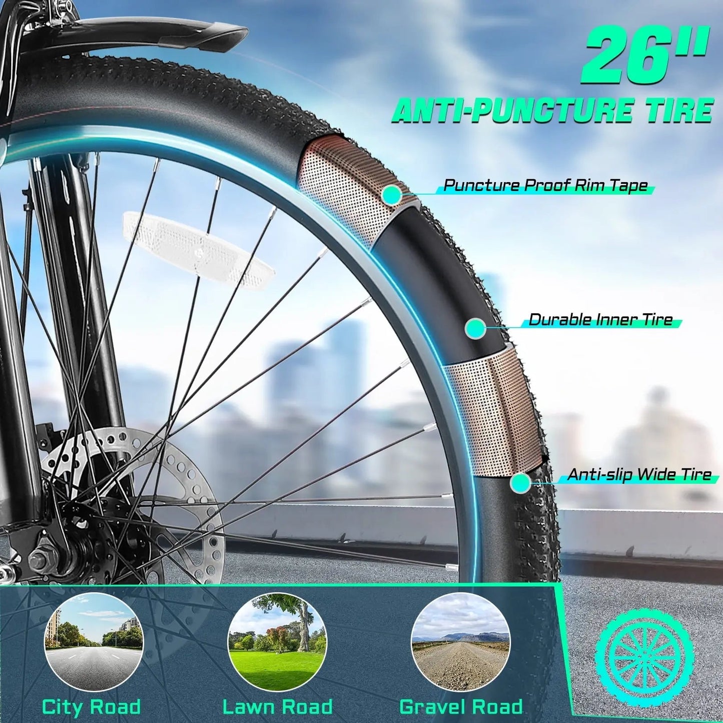 UL2849 Certified 26" Electric Bike for Adults, 750W Peak Motor, 48V 7.8Ah Battery, 19.8 Mph 7-Speed Commuter Ebike with Disc Brakes - Blade & Thread