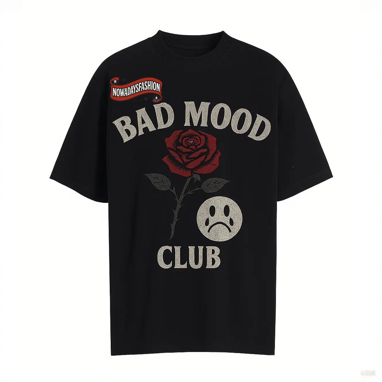 Unisex BAD MOOD CLUB Graphic T-Shirt – Sad Face & Rose Dark Streetwear Tee nowadaysfashion