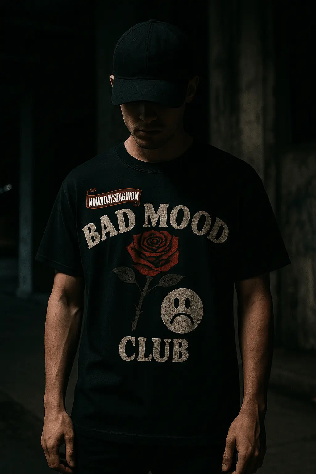 Unisex BAD MOOD CLUB Graphic T-Shirt – Sad Face & Rose Dark Streetwear Tee - Blade & Thread